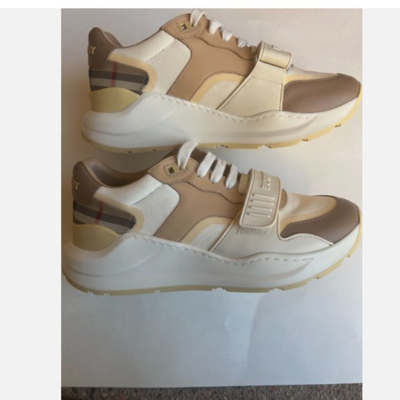 BURBERRY RAMSEY VANILLA CHECK LEATHER WOMENS LOW TOP SNEAKER 39.5 IT/ 9.5 US - Picture 7 of 10